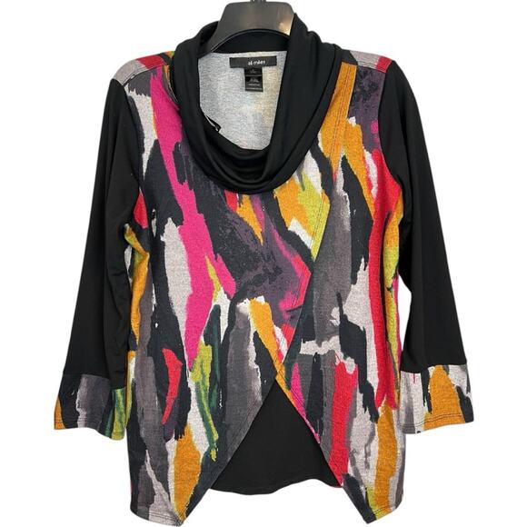 Ali Miles Cowl Neck Sweater Size S oversized Multicolor print Crossover Front - Picture 1 of 10
